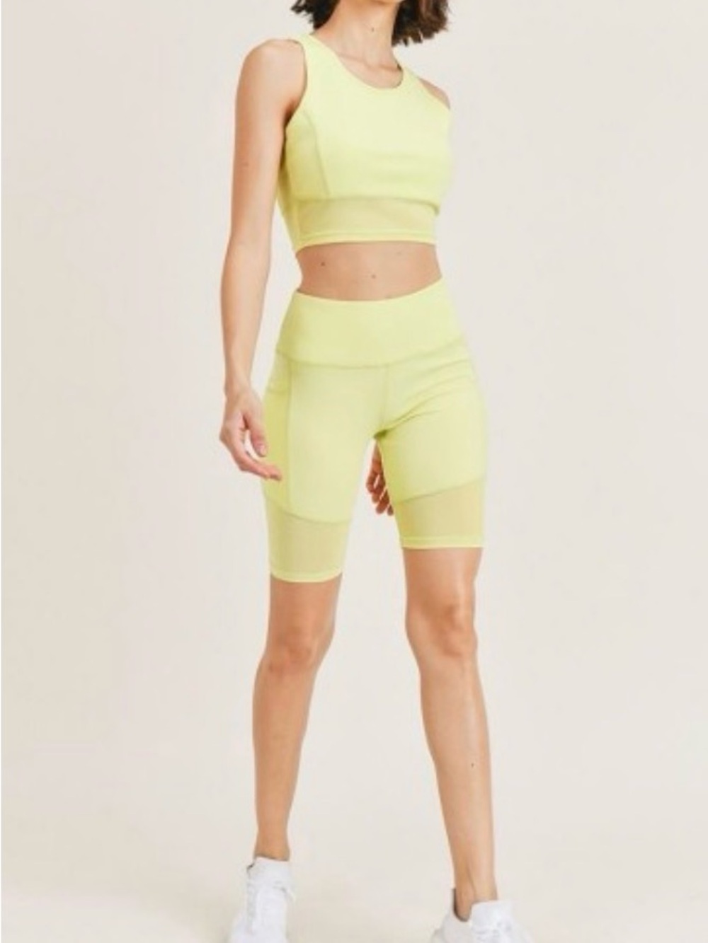 Activewear Neon Yellow Matching Set of High Waist Biker Shorts and Crop Top
